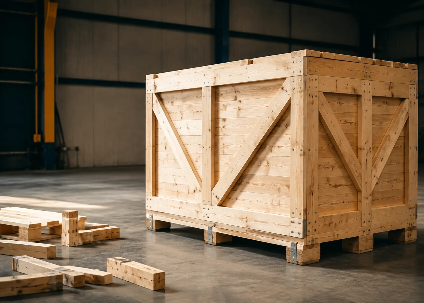 Caisse industrielle et support en bois conçus pour le transport