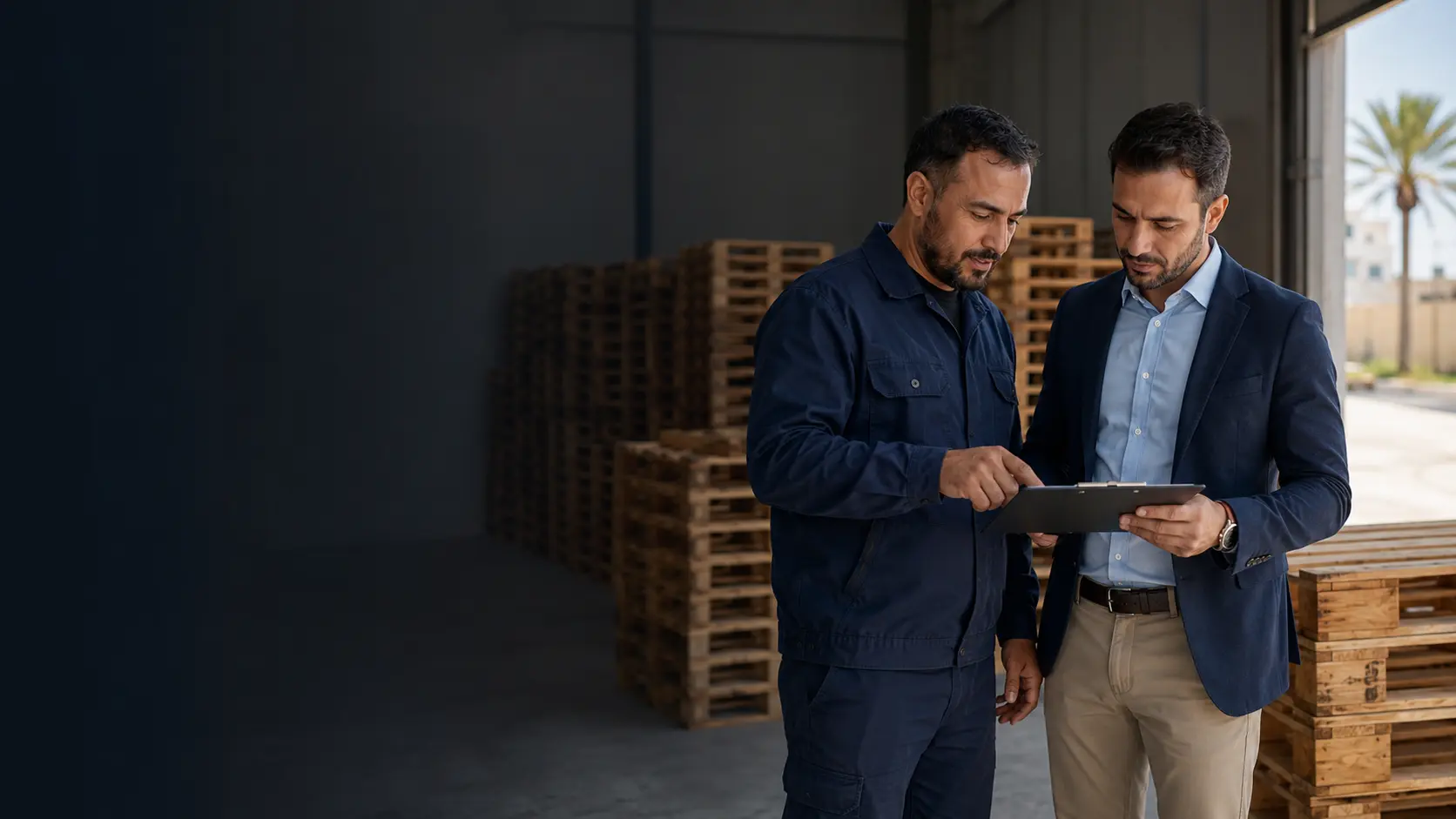 Échange professionnel dans un entrepôt de palettes