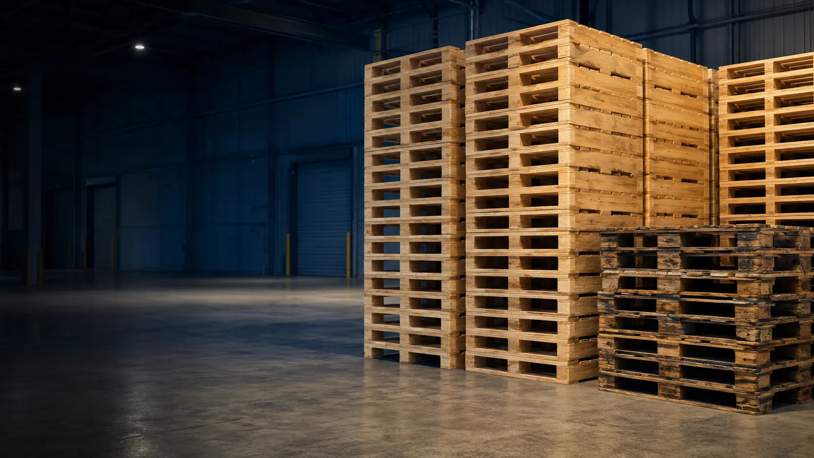 Palettes neuves et recyclées dans un entrepôt professionnel