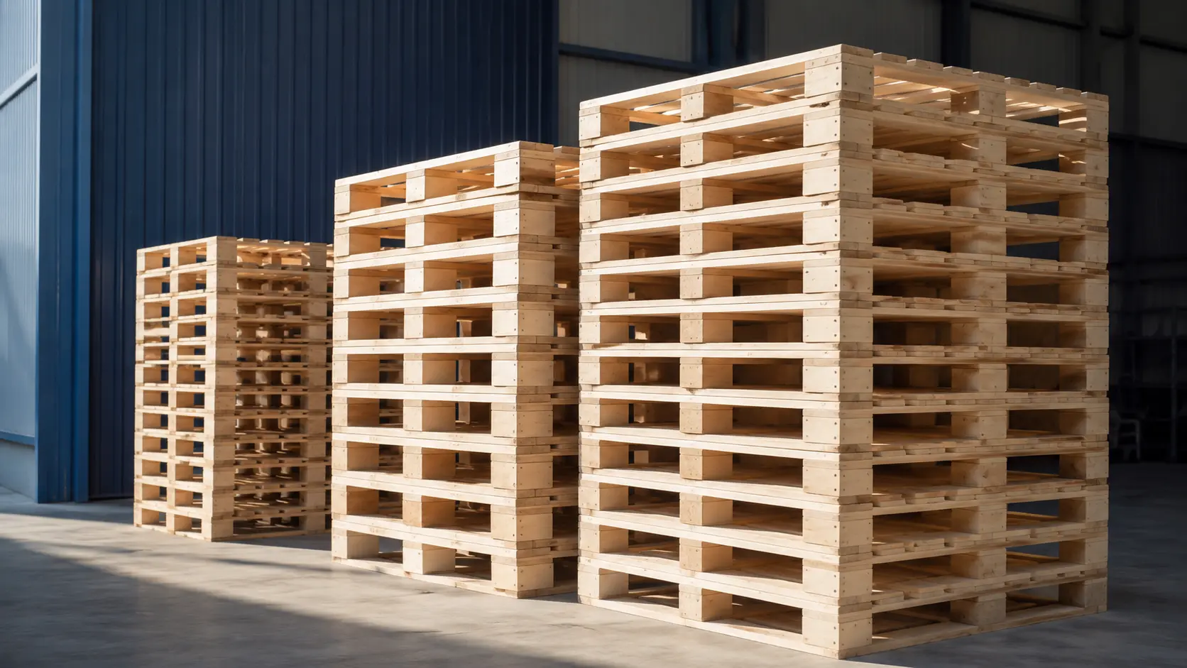 Palettes neuves en bois alignées dans un environnement industriel