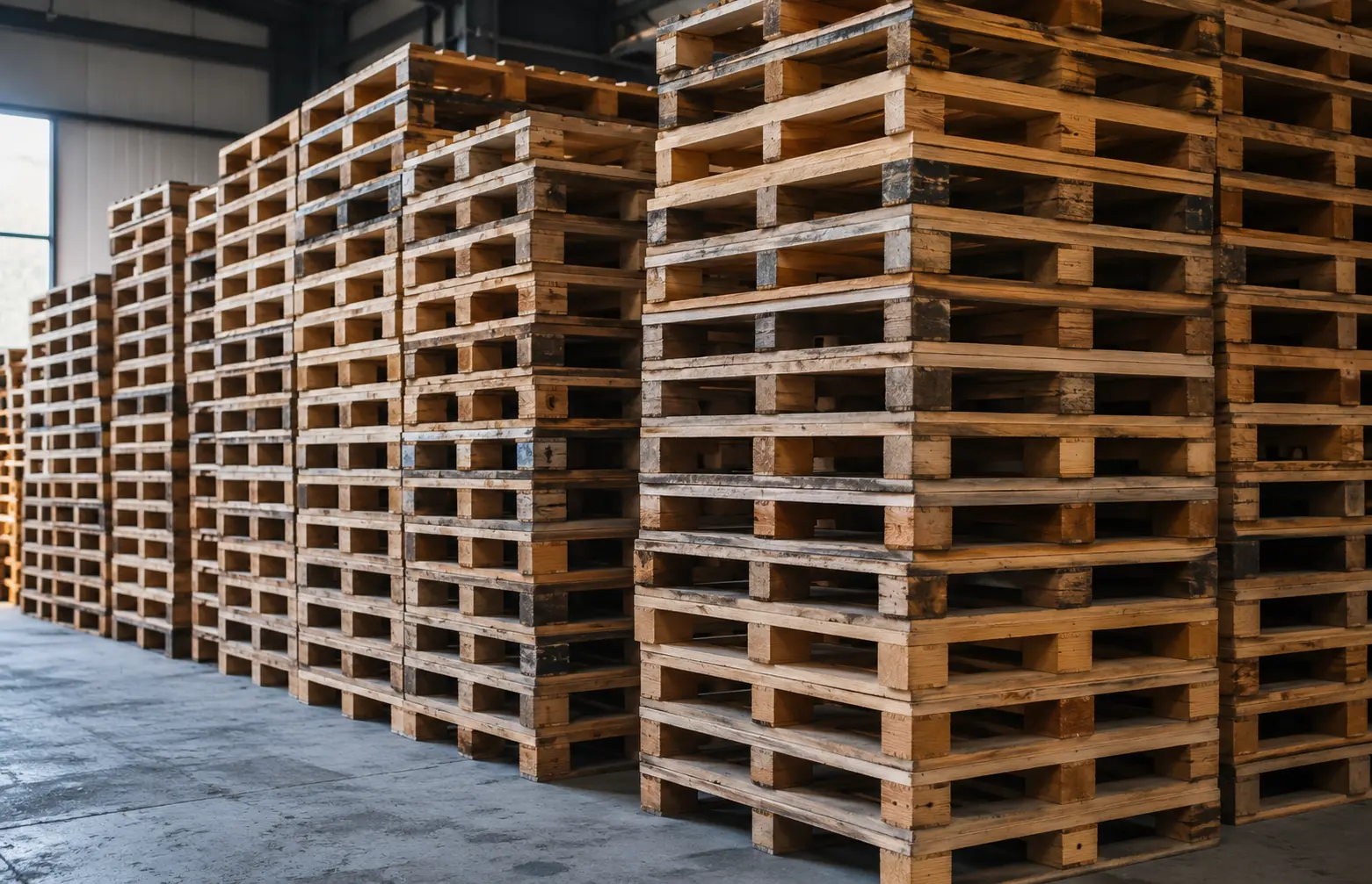 Palettes recyclées contrôlées et remises en état dans un dépôt professionnel