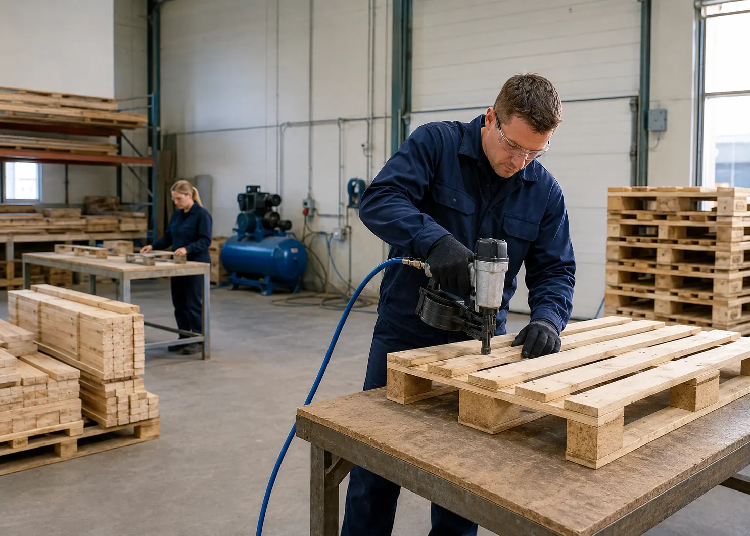 Réparation professionnelle d’une palette en bois en atelier